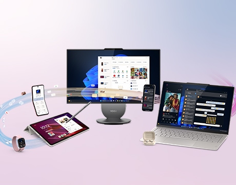 המחשה של תכונת Smart Connect: מספר מכשירים מחוברים בקווים דוהרים, ביניהם המחשב הנייד Lenovo IdeaPad Slim 3i Gen 11 (17” Intel).