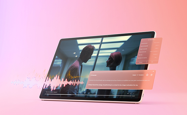 Stay engaged with real-time captions and translation using Lenovo AI Live Transcript on the Lenovo Tab Plus Gen 2 tablet.