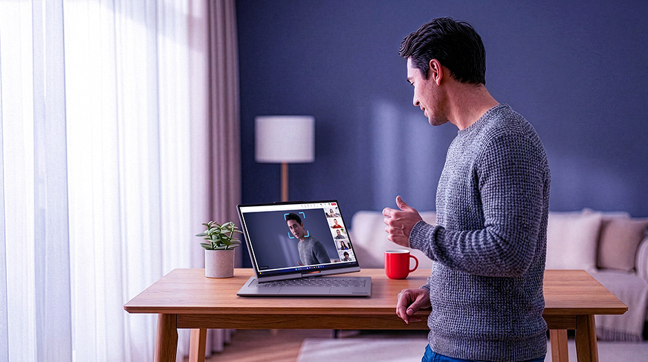 Face tracking in action during a video call on the Lenovo ThinkBook Plus Gen 7 Auto Twist (14″ Intel) laptop.