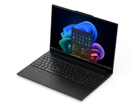 Lenovo ThinkPad E16 Gen 4 (16″ Intel) 筆記型電腦的右側打開角度視圖，展示其時尚堅固的機身，以增強耐用性及便攜性。