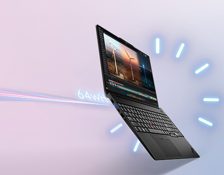 Lenovo ThinkPad E16 Gen 4 (16″ Intel) 筆記型電腦懸浮在 64Whr 電池指示燈周圍，展現其卓越的電源效率。