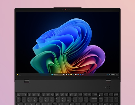 Overhead shot of Lenovo ThinkPad L16 Gen 3 (16" AMD) laptop, highlighting its stunning display with narrow bezels, communication bar & bright-colored wallpaper on the screen.