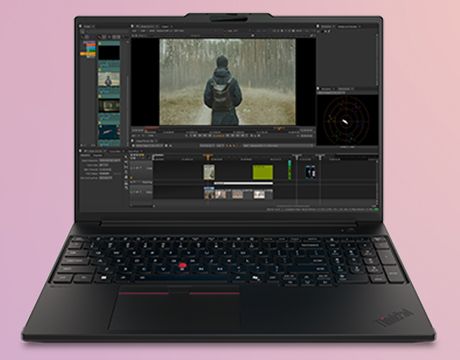A display of video editing software with a forest scene on the Lenovo ThinkPad P16s i Gen 5 (Intel) mobile workstation.