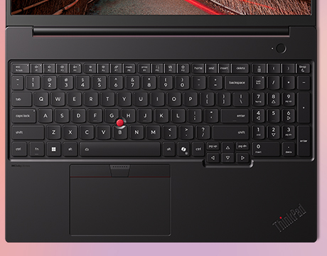 Close-up of a ThinkPad keyboard with iconic red TrackPoint on the Lenovo ThinkPad P16s i Gen 5 (Intel) mobile workstation.