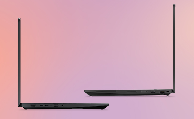 Two sleek Lenovo ThinkPad P16s i Gen 5 (Intel) mobile workstations showcasing slim profiles and versatile ports.