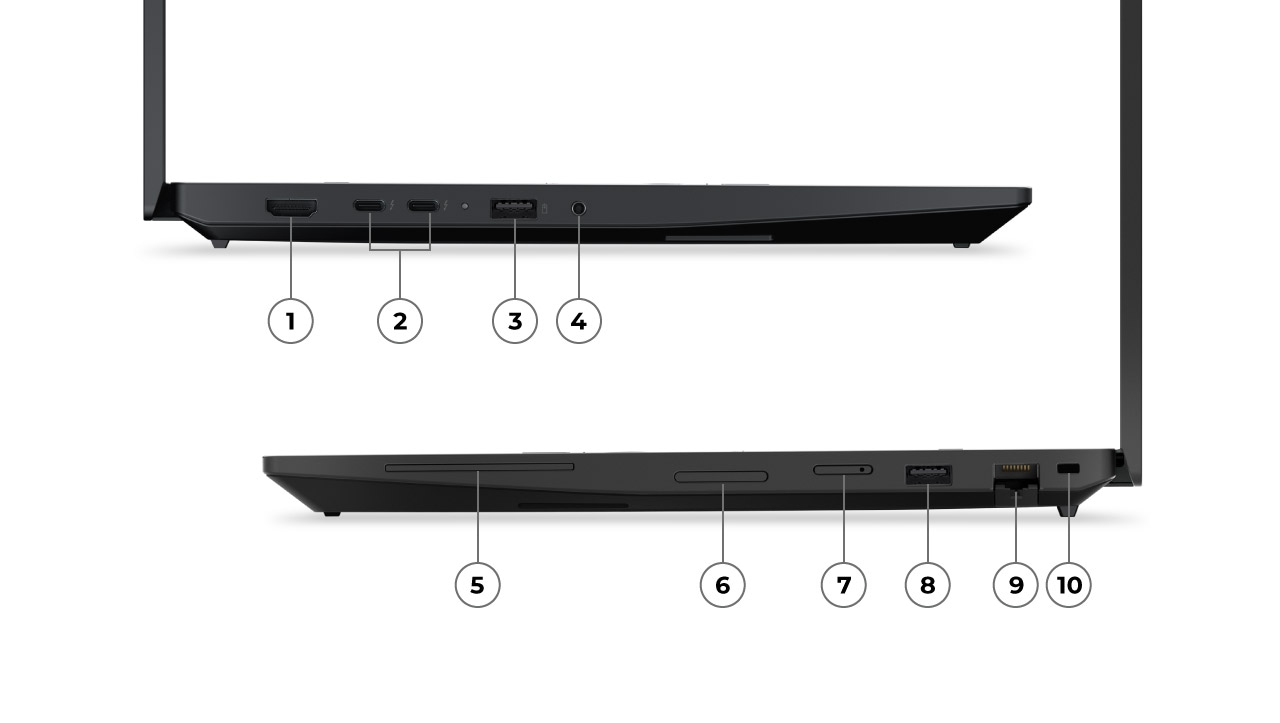 A wide range of functional ports and slots on the Lenovo ThinkPad P16s i Gen 5 (Intel) mobile workstation.
