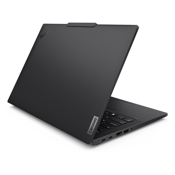 Rear view of Lenovo ThinkPad P14s Gen 6 (14” AMD) laptop, featuring its left side ports & camera bar that allow for seamless, secure performance.