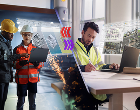 Engineers reviewing blueprints on-site with Lenovo ThinkPad P14s Gen 7 (14" AMD) laptop displaying 3D models.
