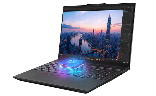 Breakout view of an Intel® chip emerging from the keyboard of an opened Lenovo ThinkPad T15 Gen 5 (16” Intel) laptop.
