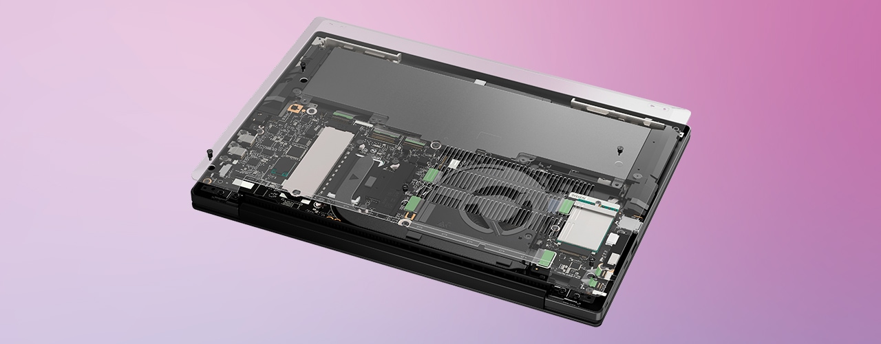 Bottom breakout view, showing vents, battery, and other internal components, of the Lenovo ThinkPad T14s Gen 7 (14” Snapdragon) laptop.