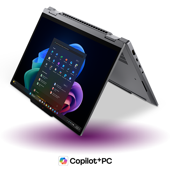 Tent mode display on the Lenovo ThinkPad X1 2-in-1 Gen 11 Aura Edition laptop with Copilot+ PC logo