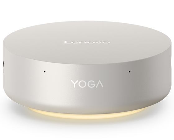 Compact Lenovo Yoga Mini i Gen 11 PC in seashell color with an innovative circular design with visible Yoga logo.