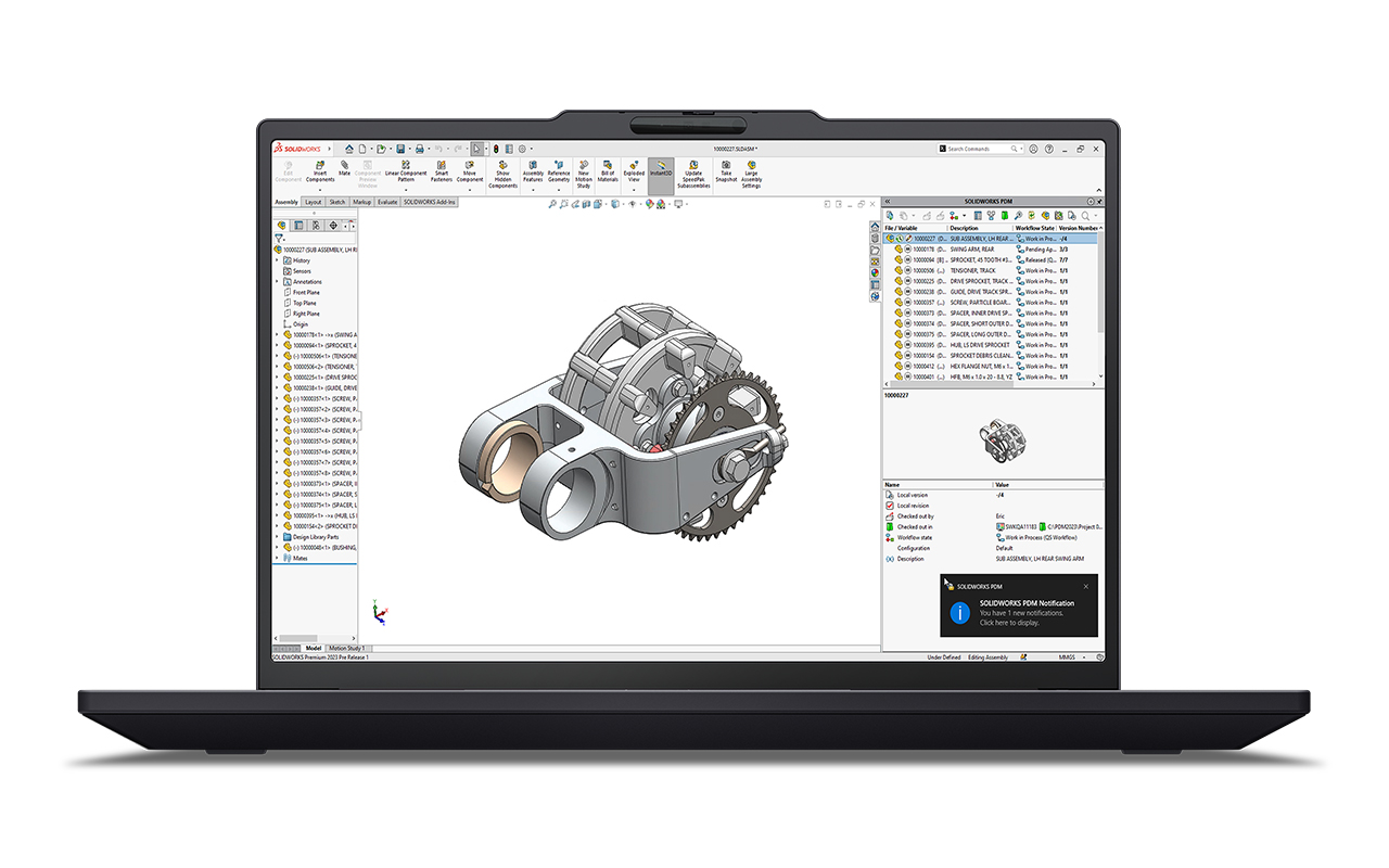 CAD design of mechanical assembly displayed on the screen of Lenovo ThinkPad P14s Gen 7 (14" Intel) mobile workstation.