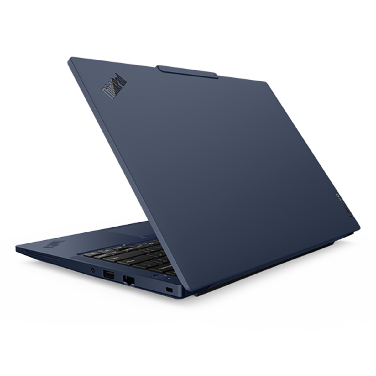 Bottom view, showing top cover and vents of a Cosmic Blue Lenovo ThinkPad T14 Gen 7 (14” Intel) laptop.