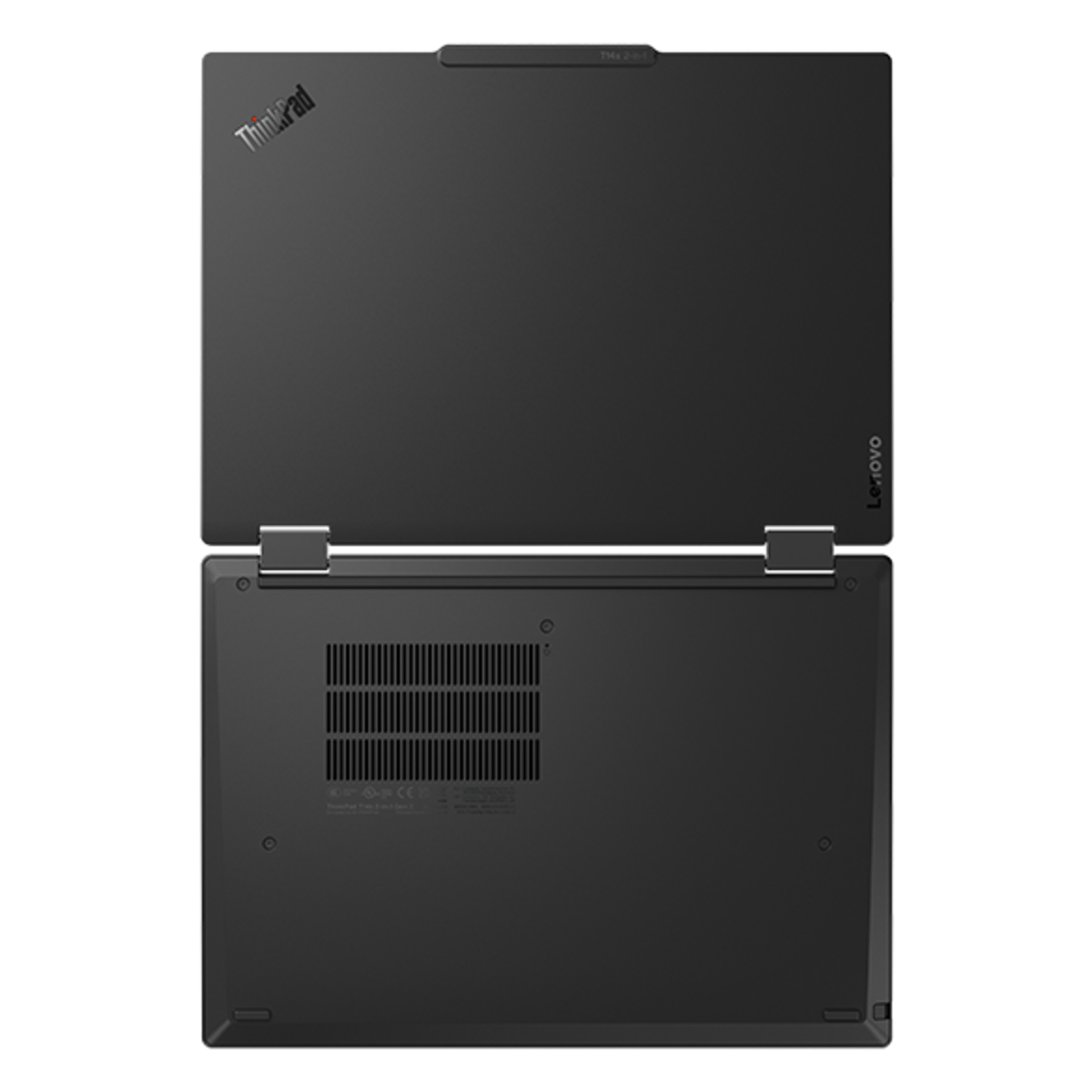 Overhead shot of the Lenovo ThinkPad T14s 2-in-1 Gen 2 (14″ Intel) laptop open 180 degrees, showcasing top & bottom covers.