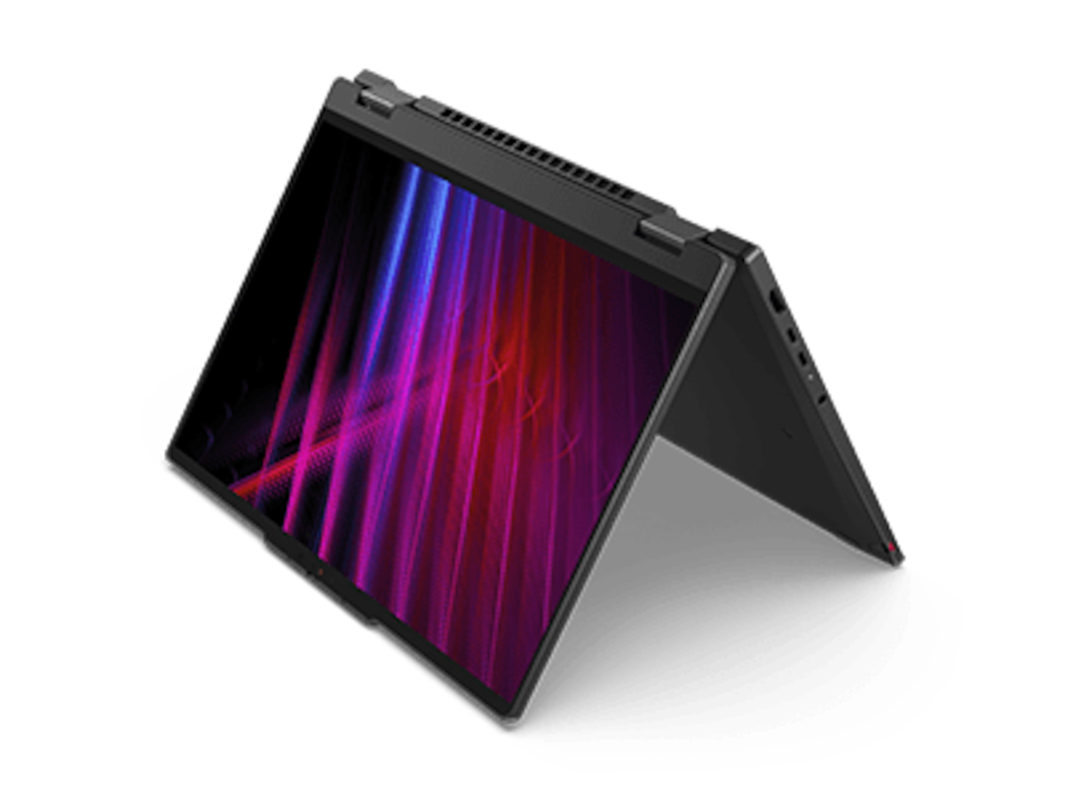 The 360-degree hinge enables Tent mode, ideal for watching a presentation or sharing on the Lenovo ThinkPad T14s 2-in-1 Gen 2 (14″ Intel) laptop.