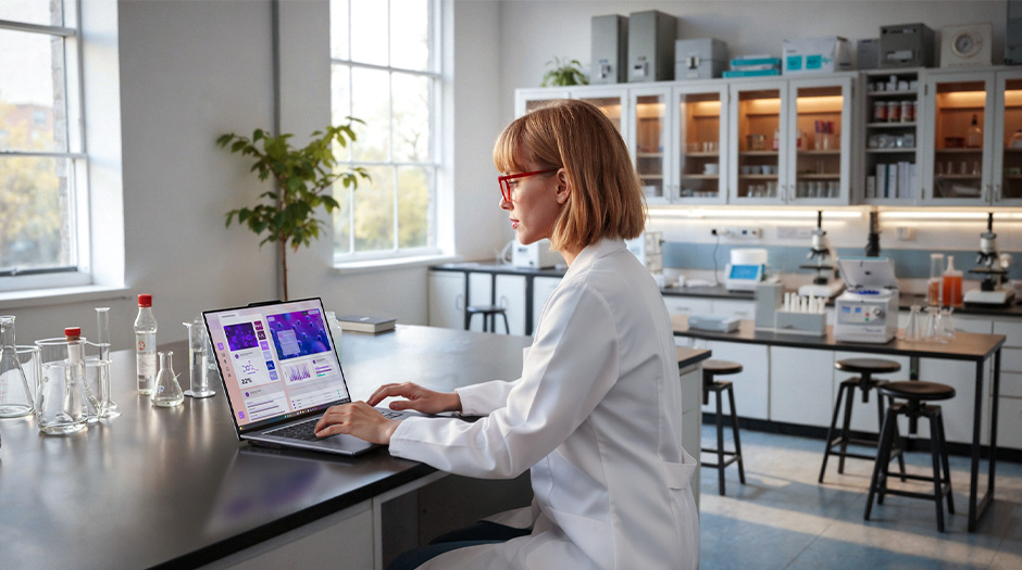 A woman in a lab analyzes data on a Lenovo ThinkPad X9 15p Aura Edition laptop