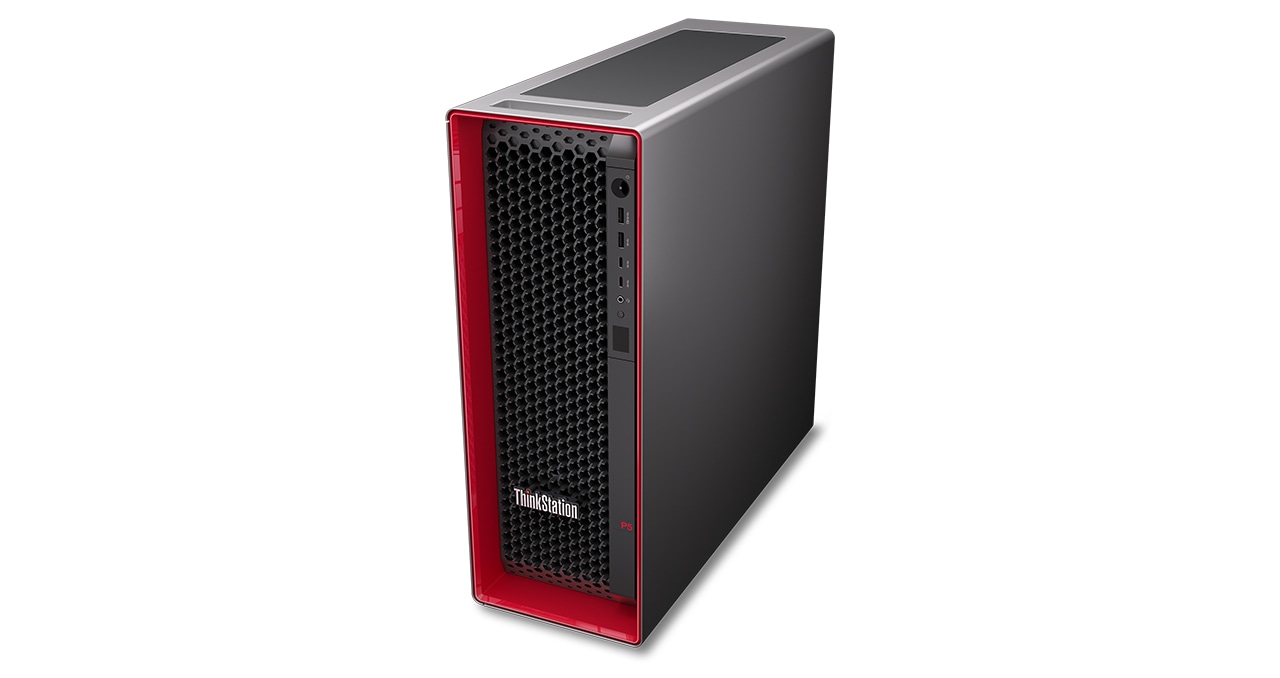 Angled view of Lenovo ThinkStation P5 Gen 2 (Intel) tower with red accent & honeycomb front panel & visible ports.