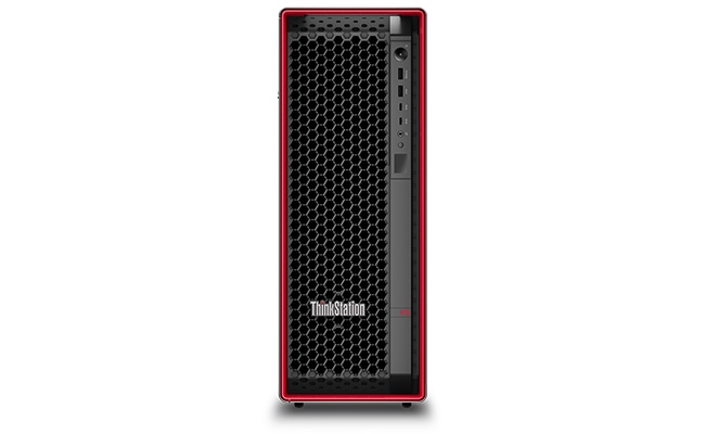 Front view of Lenovo ThinkStation P5 Gen 2 (Intel) tower with red trim & ports visible.
