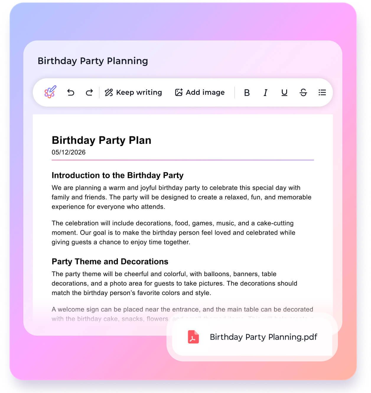 Lenovo Qira generating a Birthday Party Planning document exported as a PDF