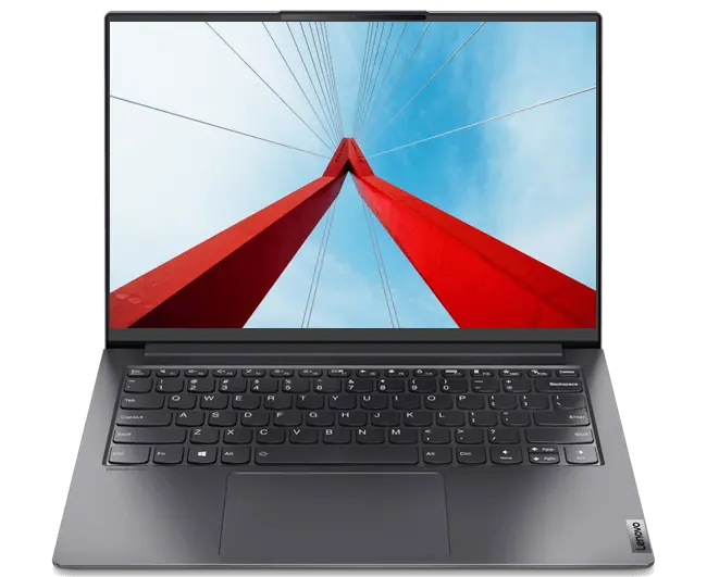 Lenovo laptop open with display showing image looking upward at tall, red, inverted-V-shaped structure with cables emanating from the top 
