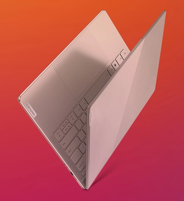 Lenovo Slim laptop open 45 degrees and balancing on its left rear corner