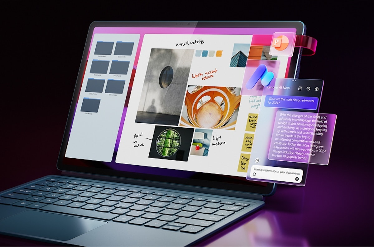 L’assistant ia sur appareil sur le Lenovo Yoga Tab Plus suggère du contenu et résume les fichiers avec Lenovo AI Now, aidant les utilisateurs à créer des diapositives.