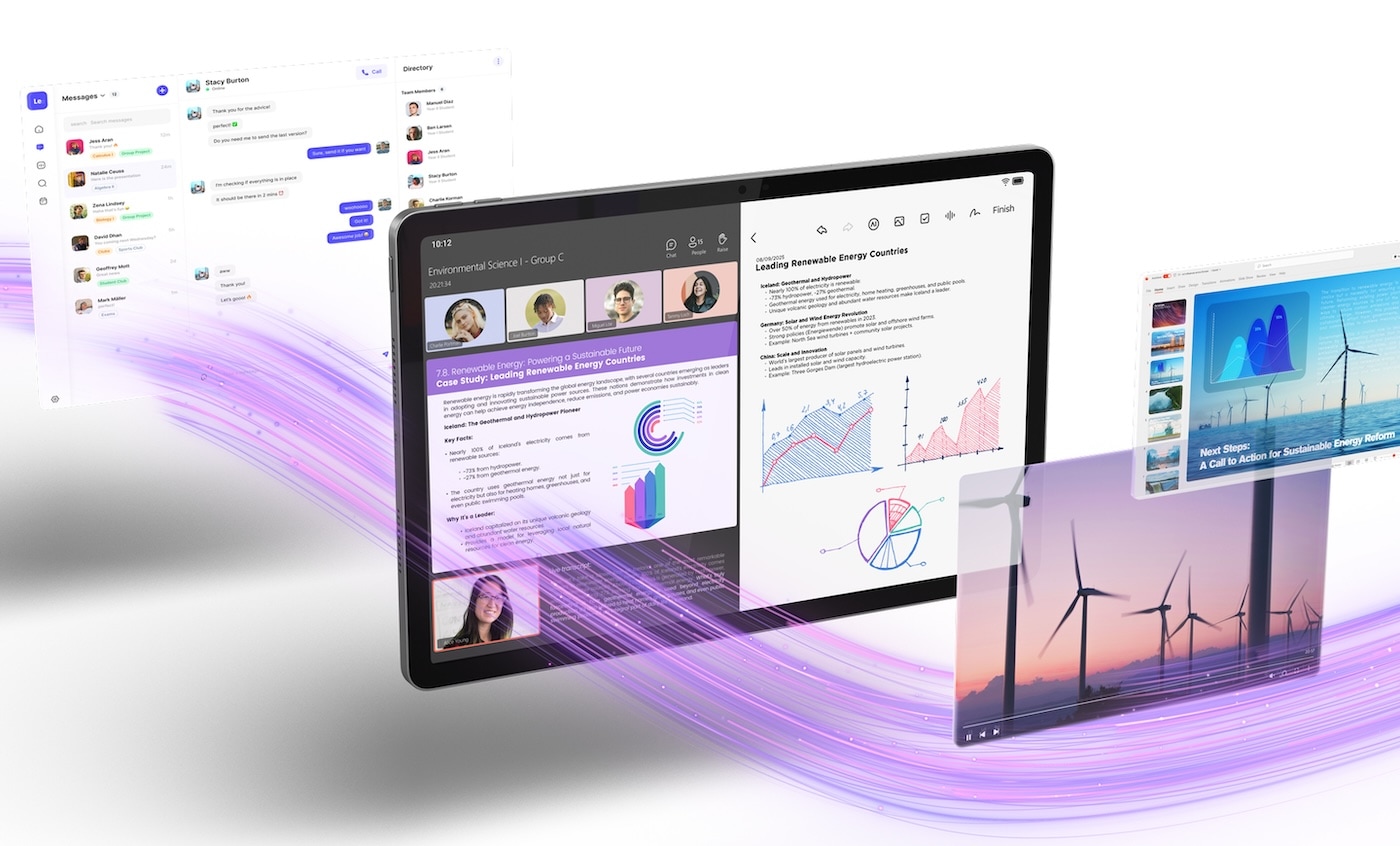 Multitâche sur la tablette Lenovo à écran partagé et fenêtres flottantes pour la productivité, exécutez des messages, des diapositives, des vidéos et des documents côte à côte.
