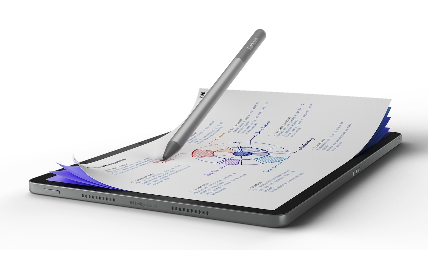 Le stylet Tab Lenovo écrit sur une tablette Lenovo Idea avec un écran mat de type papier affichant un diagramme et des notes, avec un effet de page digtial soulevé.