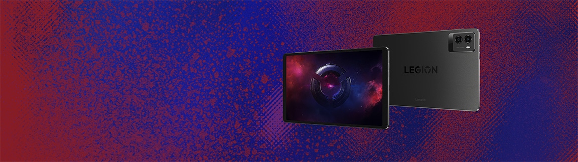 Vue avant et arrière de la tablette Lenovo Legion avec un papier peint futuriste pour les jeux, sur un fond dynamique rouge et bleu.