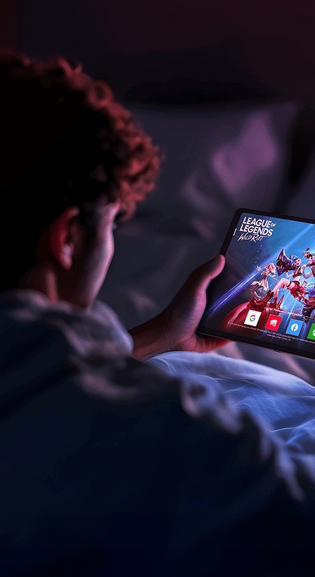 Un adolescent qui joue sur la tablette Lenovo Legion Tab dans une chambre sombre, aux couleurs vives et à l’action rapide à l’écran.
