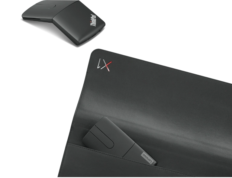Close up view of ThinkPad X1 Presenter Mouse and sleeve