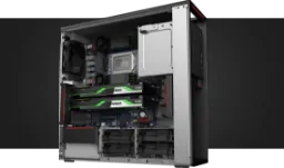 Detail of interior components, left-side view of Lenovo ThinkStation P620 tower workstation, including dual NVIDIA® graphics cards.