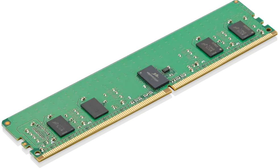 Gros plan du module de mémoire ECC RDIMM de 32 Go DDR4 3200 MHz, compatible avec le poste de travail Lenovo ThinkStation P620, format tour.