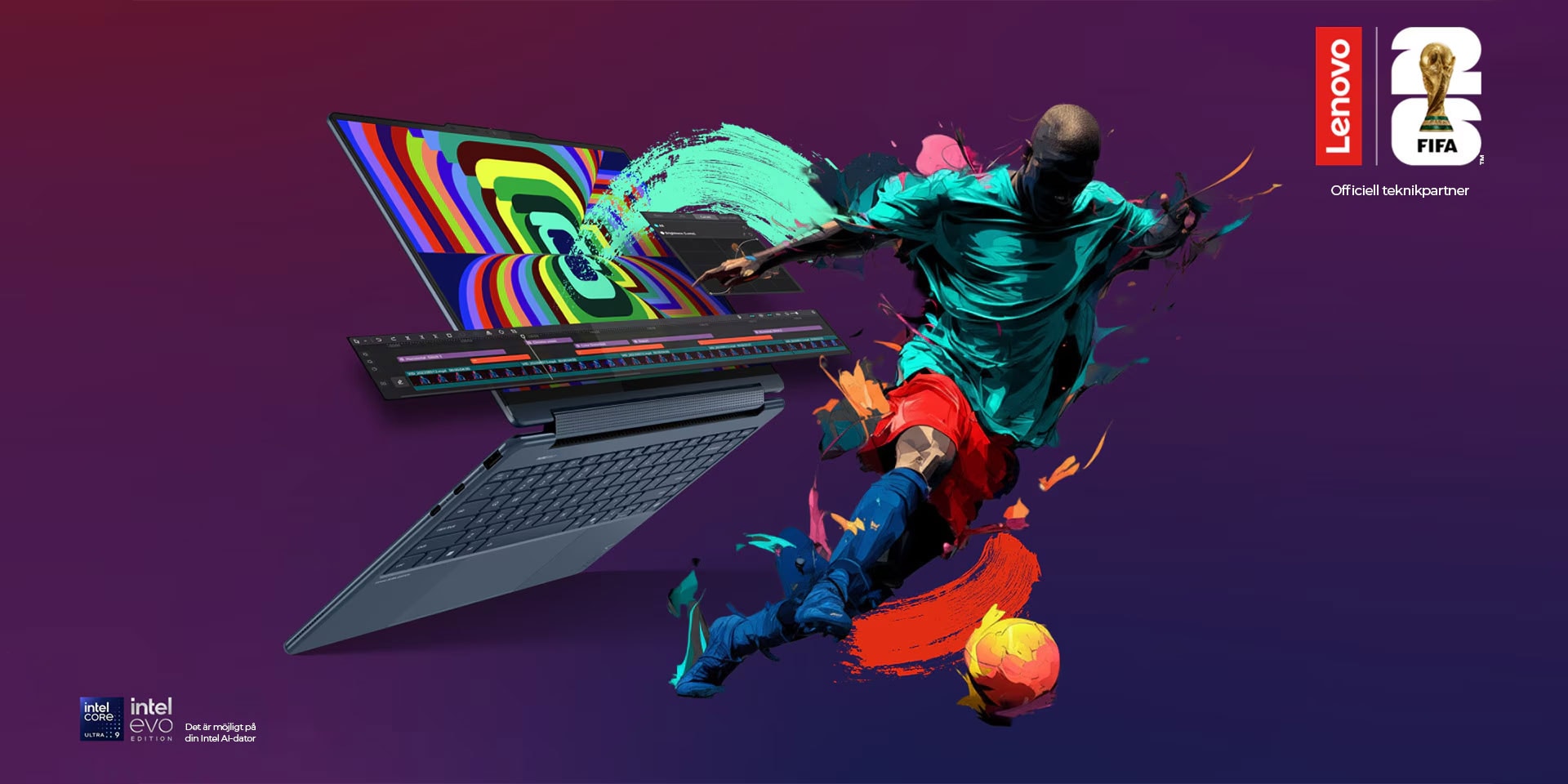 En illustrerad fotbollsspelare som sparkar en boll ser ut att stiga ut med en dynamisk, förvandlande FIFA ’26-logotyp på skärmen på en Yoga 2-i-1-laptop i stativläge.
