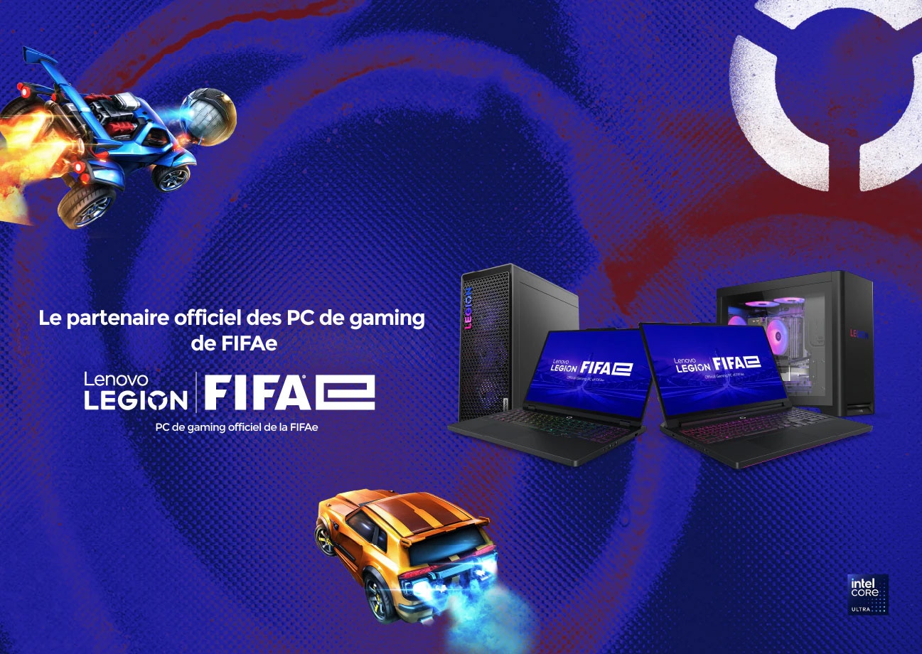 FIFAe banner shows two laptops and two desktops; text 'Official Gaming PC Partner of FIFAe'—Lenovo Legion.