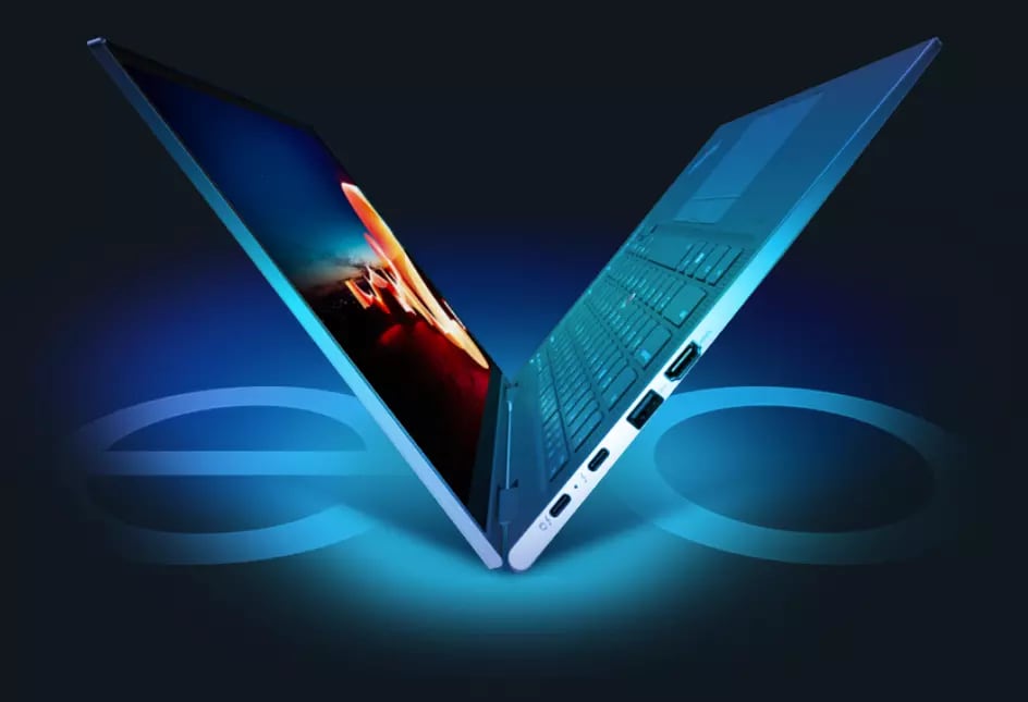 Lenovo ThinkPad X1 Yoga in laptop mode, angled to represent the letter V in evo.