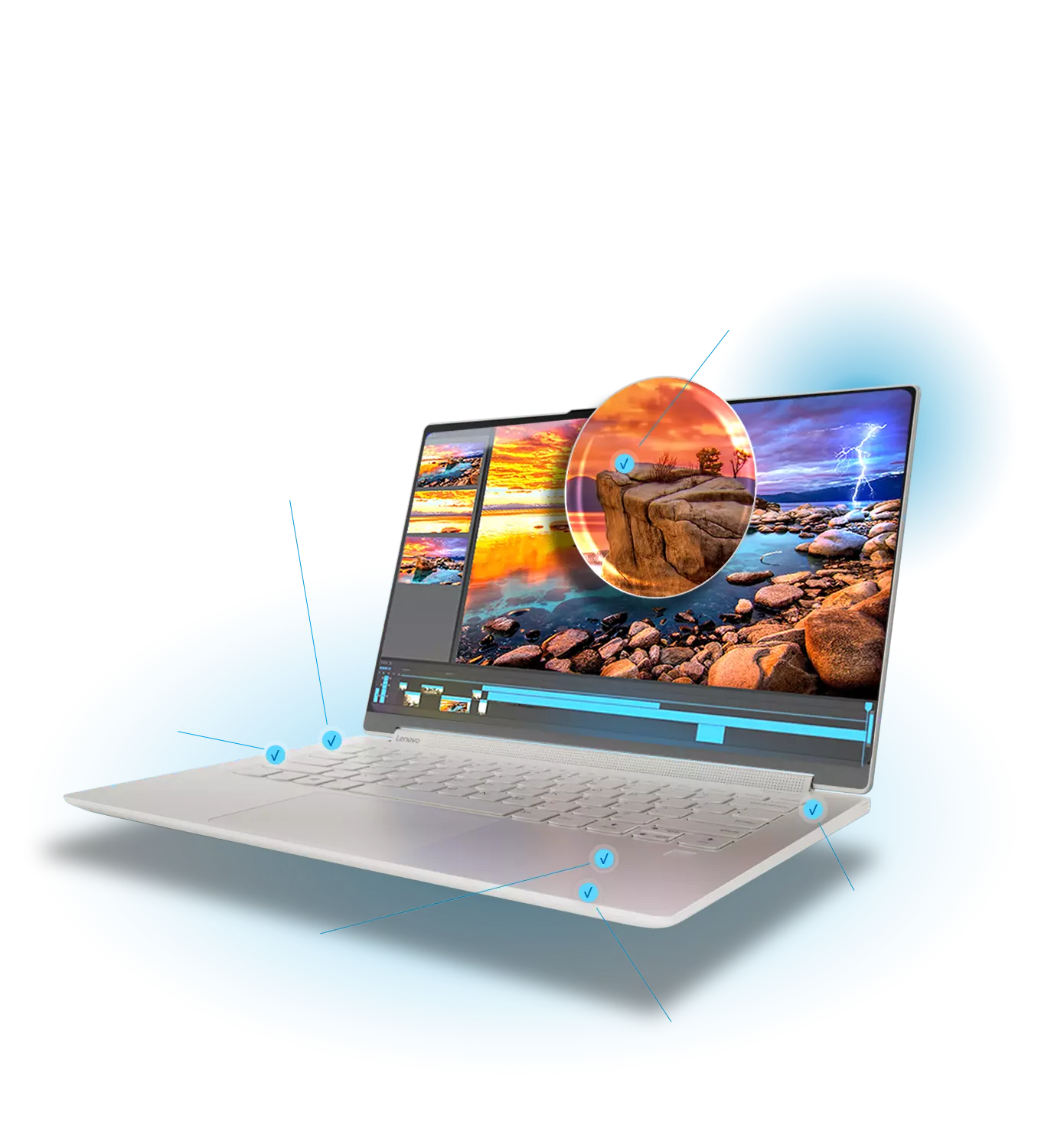 Yoga 9i laptop opened, highlighting various features: Immersive viewing, Intel WiFi 6, Thunderbolt™ 4, etc.