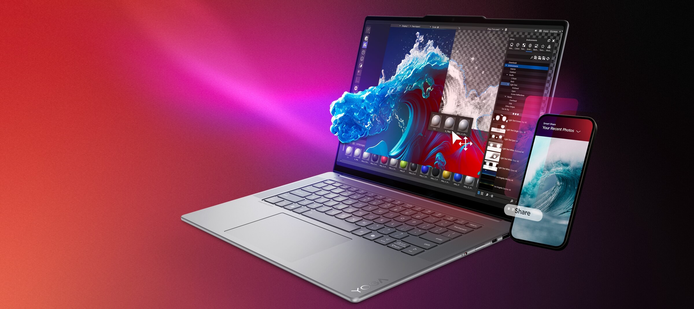 Lenovo Yoga laptop displays an 3D animation program on the screen with a computer generated flower illustration breaking out of the screen.