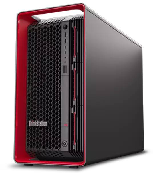 Vista anteriore con angolazione sinistra dell'elegante Lenovo PX ThinkStation nei colori rosso e nero su sfondo viola