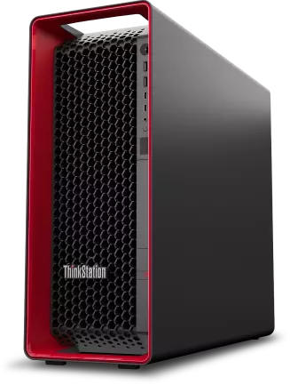 Een zwart-rode Lenovo Workstation P7-behuizing, aanzicht linksvoor