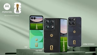 A motorola razr, motorola razr fold, and motorola edge 70 fusion stand atop a series of miniature podiums.