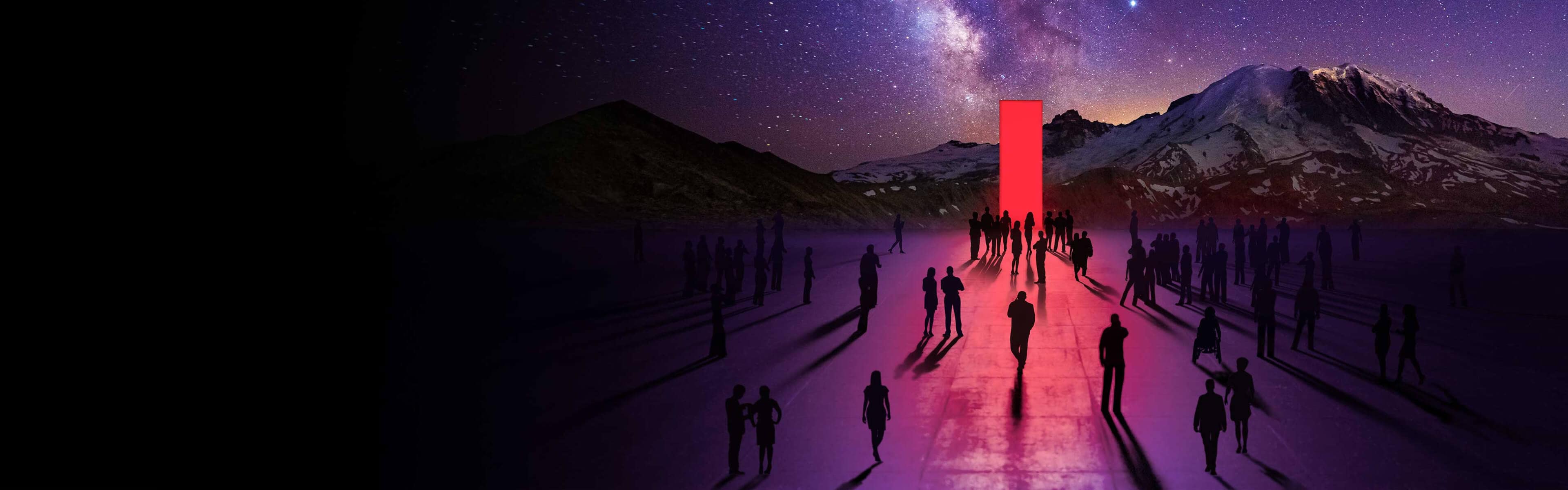 Silhouettes of people walking towards a red rectangular portal with mountains and a starry sky in the background