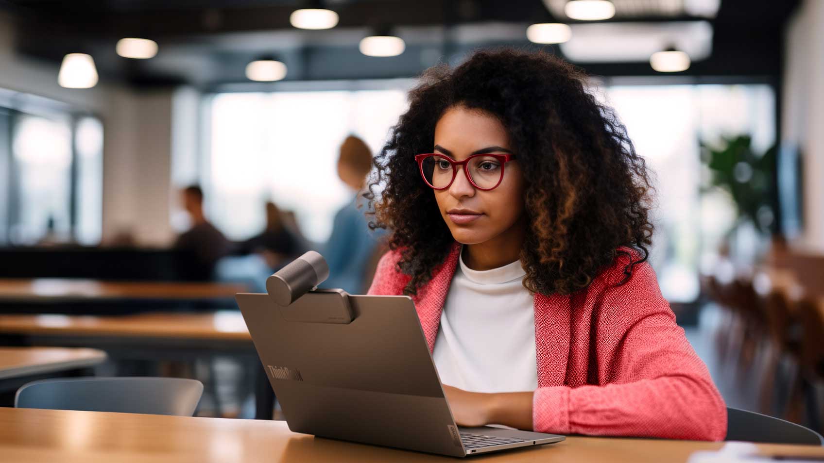  A woman in an open office using her laptop with a camera on top.