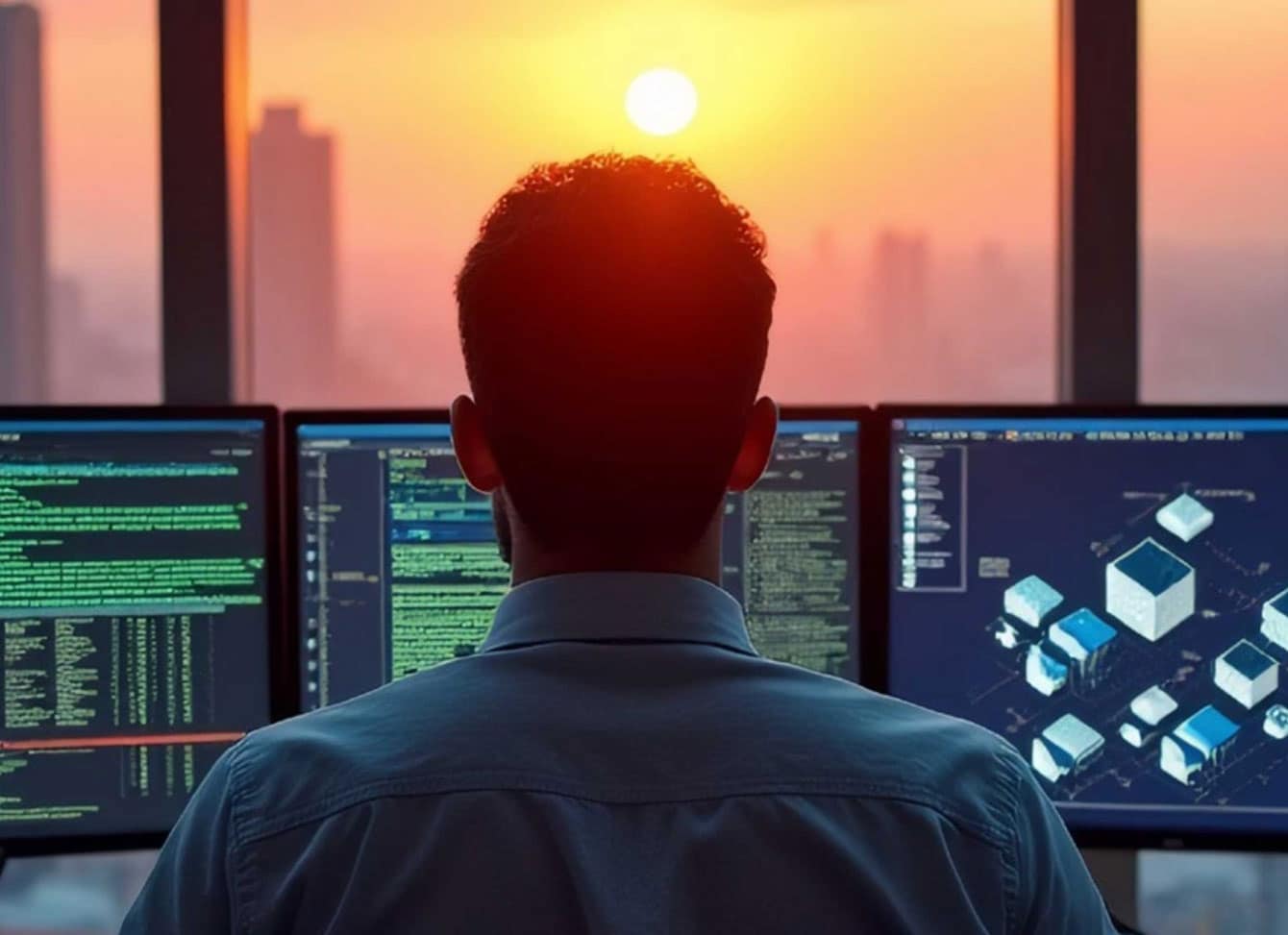 Homme face à trois écrans d’ordinateur et fenêtre en face de lui avec le soleil couchant.