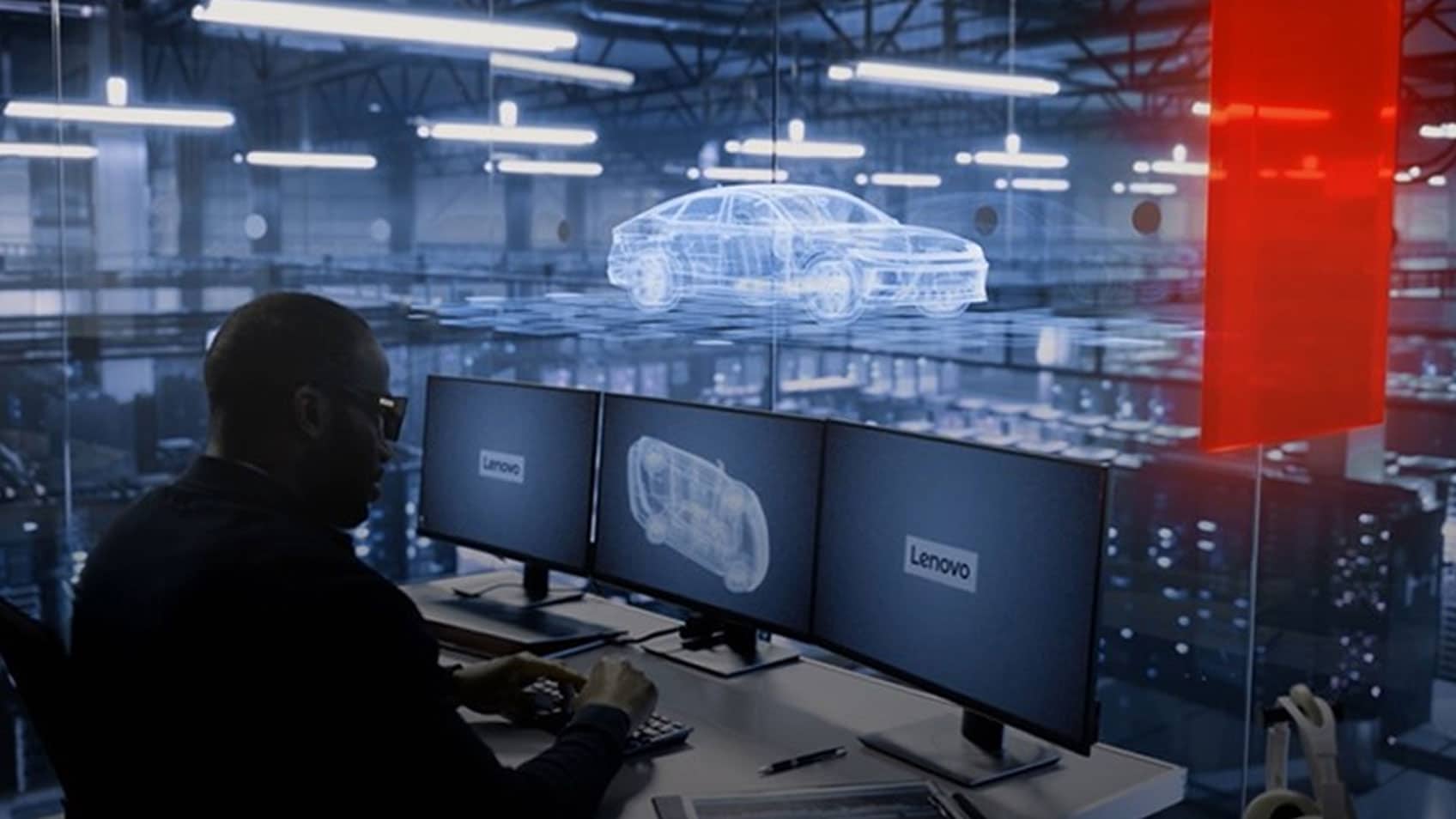 A car designer using high-tech software to create a three-dimensional computer model of a car. 