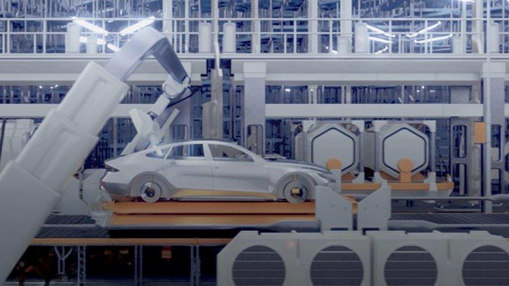 A computer model of a simulated manufacturing production line. 