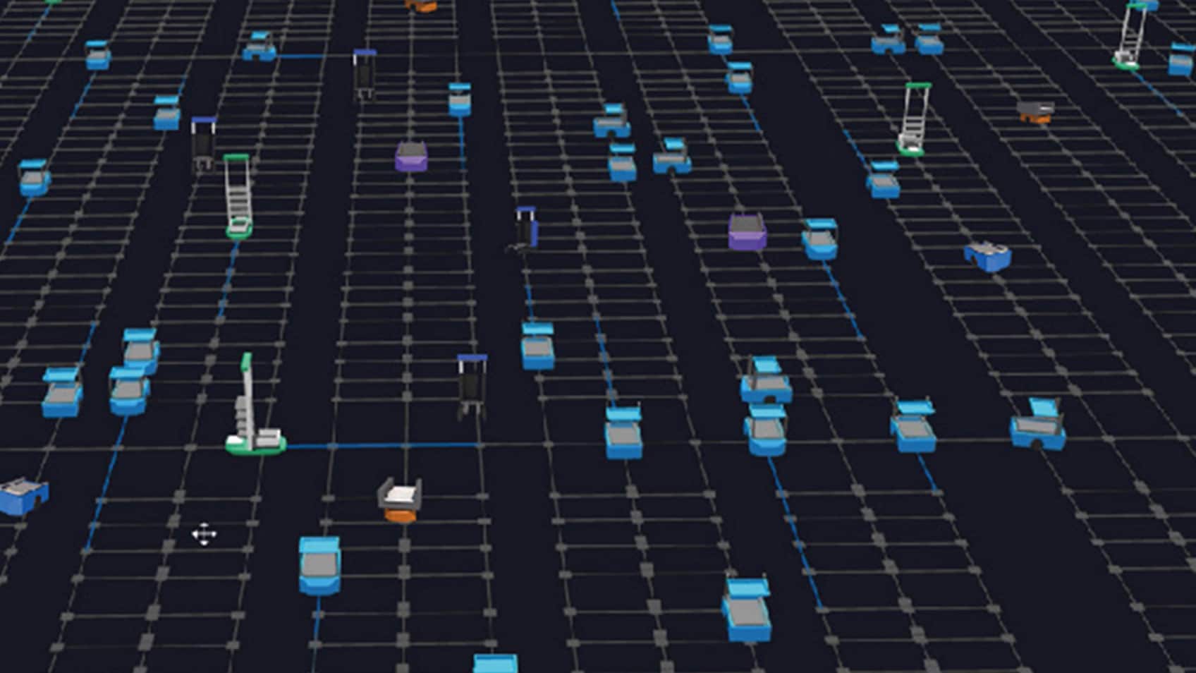 An animated grid showing movements in a warehouse. 