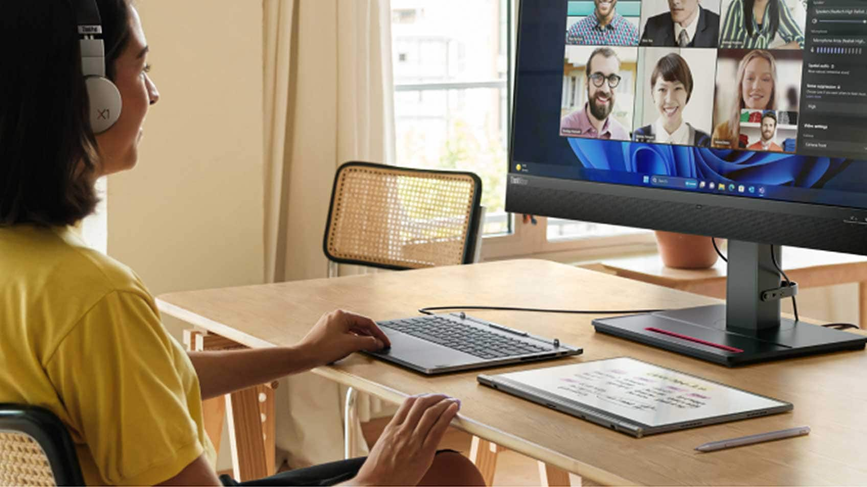 A woman working from home and participating in a video conference call