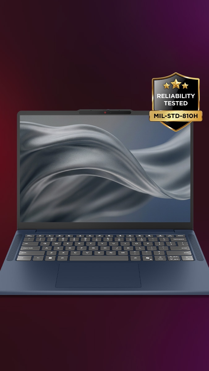Una laptop Lenovo IdeaPad Vibe azul malhumorada, tapa abierta, con pintura gris ondulada en la pantalla. 
